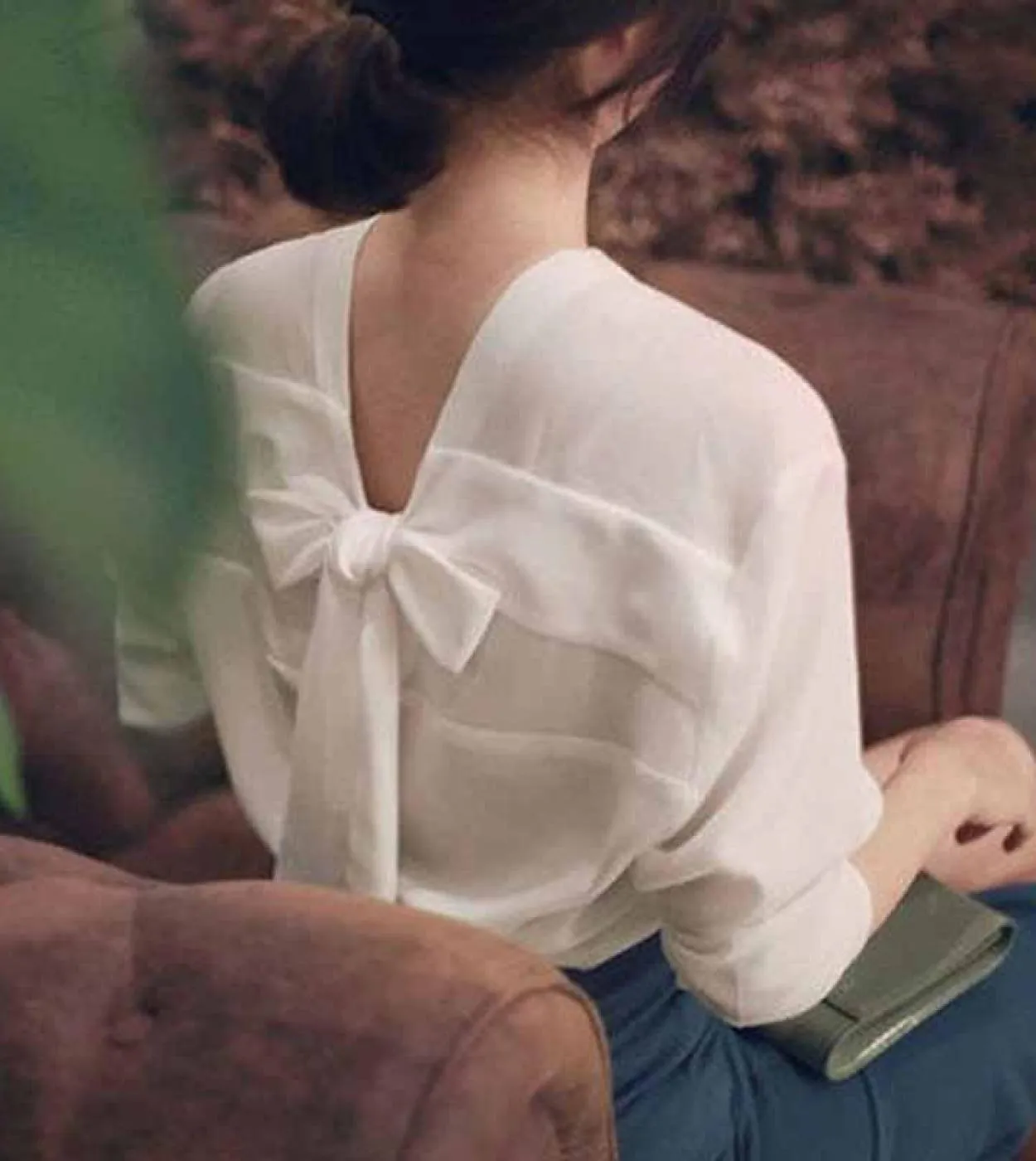 Camicie da donna a maniche lunghe con fiocco sul retro con scollo a V Chic Camicie stile inizio autunno Camicetta in chiffon bia