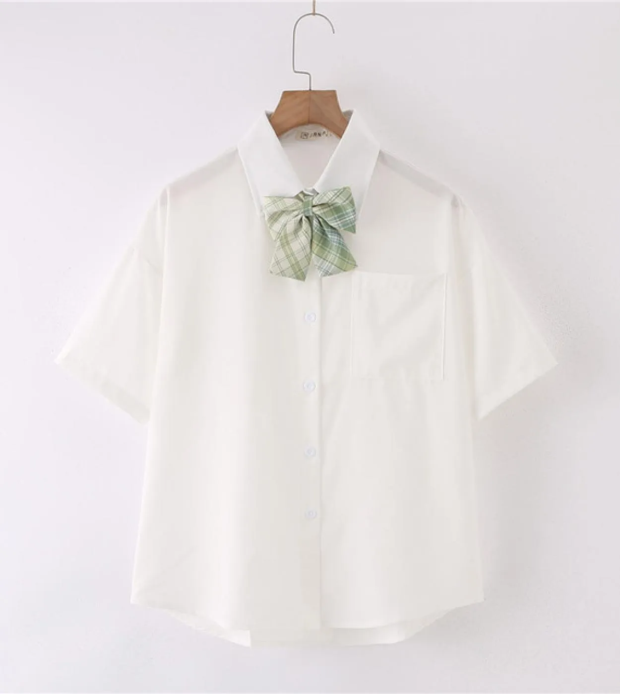 Camicie da donna bianche tinta unita a maniche corte Camicette Camicie estive nuove con bottoni Top con fiocco Preppy Jk Style R