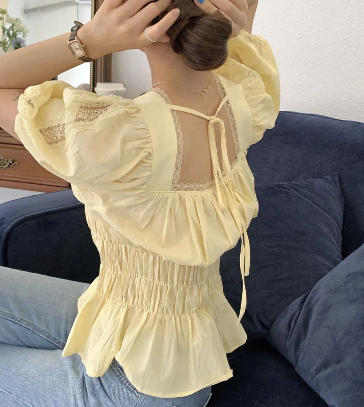 Camicie da donna con colletto quadrato estivo Sweet Lace Up Office Lady Camicie bianche Camicette da donna eleganti eleganti a m