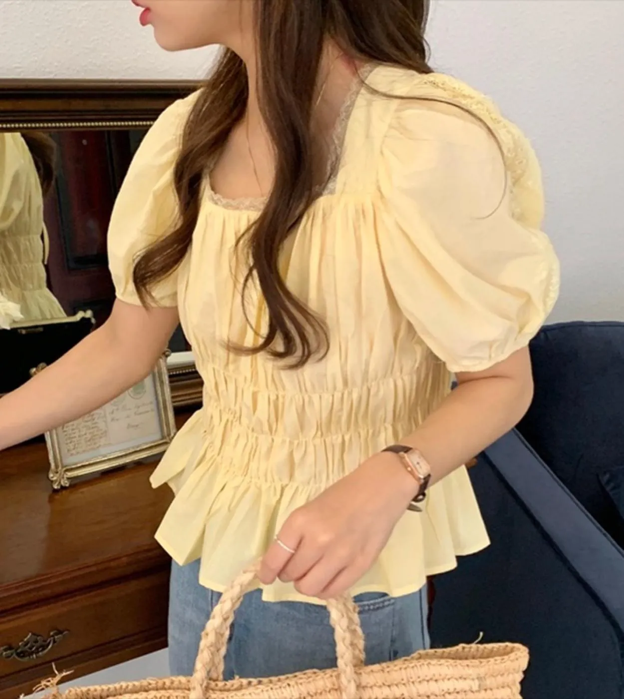 Camicie da donna con colletto quadrato estivo Sweet Lace Up Office Lady Camicie bianche Camicette da donna eleganti eleganti a m