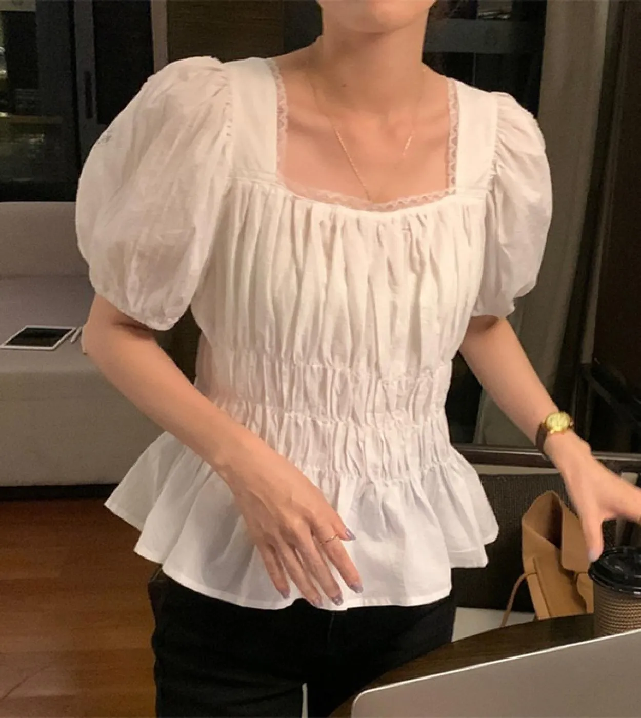 Camicie da donna con colletto quadrato estivo Sweet Lace Up Office Lady Camicie bianche Camicette da donna eleganti eleganti a m