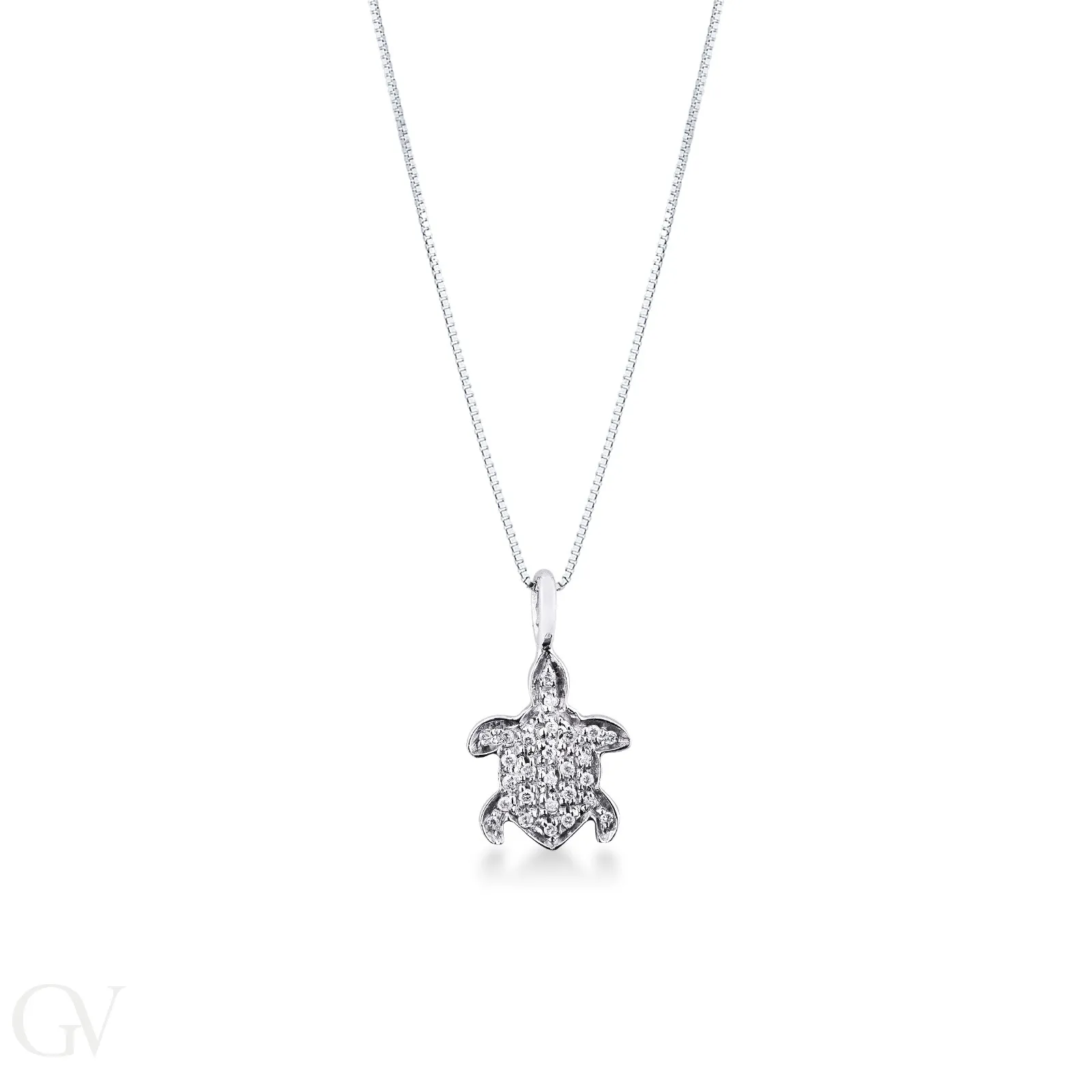 Collana con ciondolo tartaruga in oro bianco 18k e diamanti, 1.25x9.5 cm