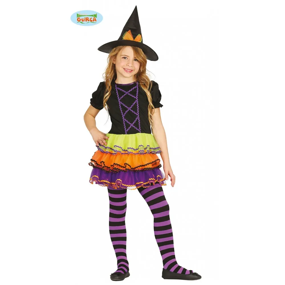 Costume Strega Vestito Colorato  Halloween Streghetta Bambina 3/4 Anni Carnevale Colorato