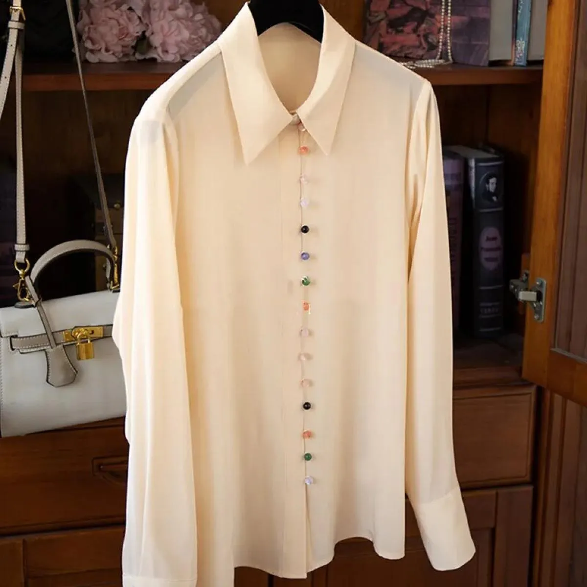 Design Sense Camicie con risvolto abbottonato color arcobaleno Camicie da donna a maniche lunghe Camisas De Mujer
