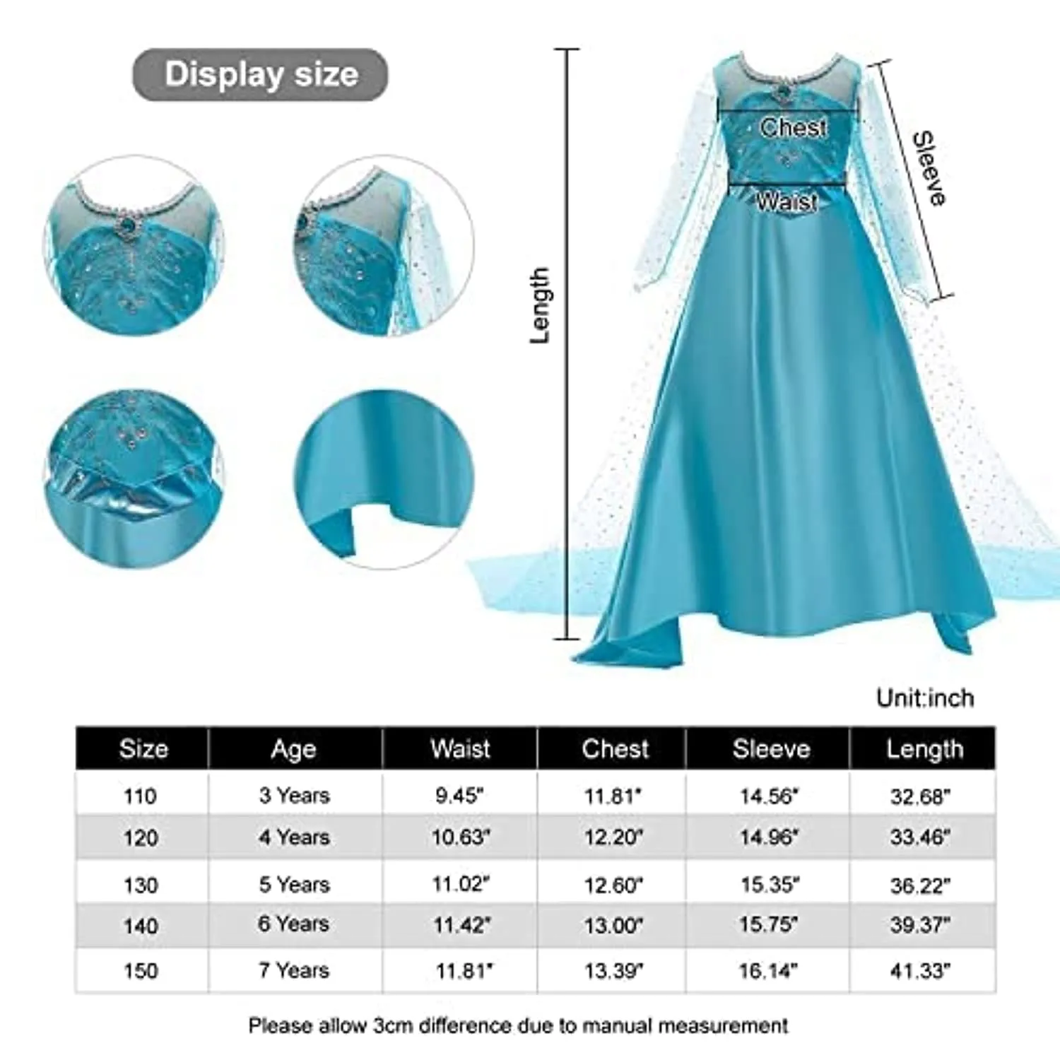 discoball ELSA - Costume da principessa per bambini, vestito da bambina con regina di ghiaccio, a maniche lunghe, con paillette,