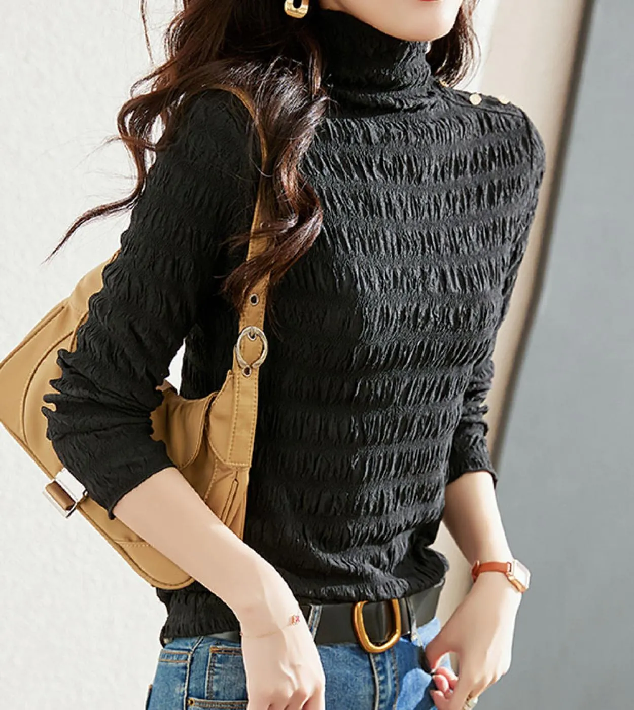 Dolcevita elegante Camicetta a pieghe bianca Donna Autunno manica lunga Maglia Top Mujer Stretch Lady Camicie casual Abbigliamen
