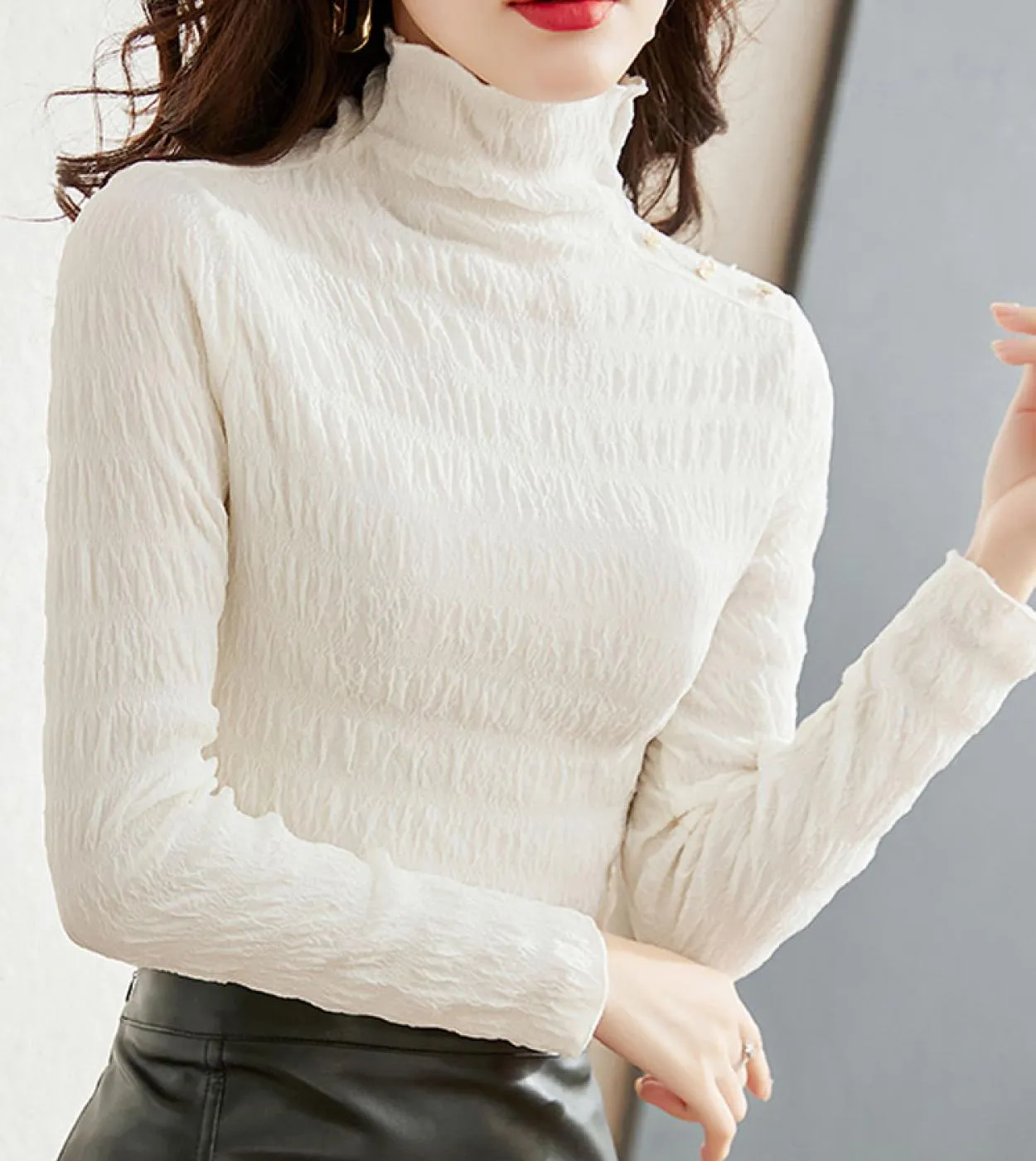 Dolcevita elegante Camicetta a pieghe bianca Donna Autunno manica lunga Maglia Top Mujer Stretch Lady Camicie casual Abbigliamen
