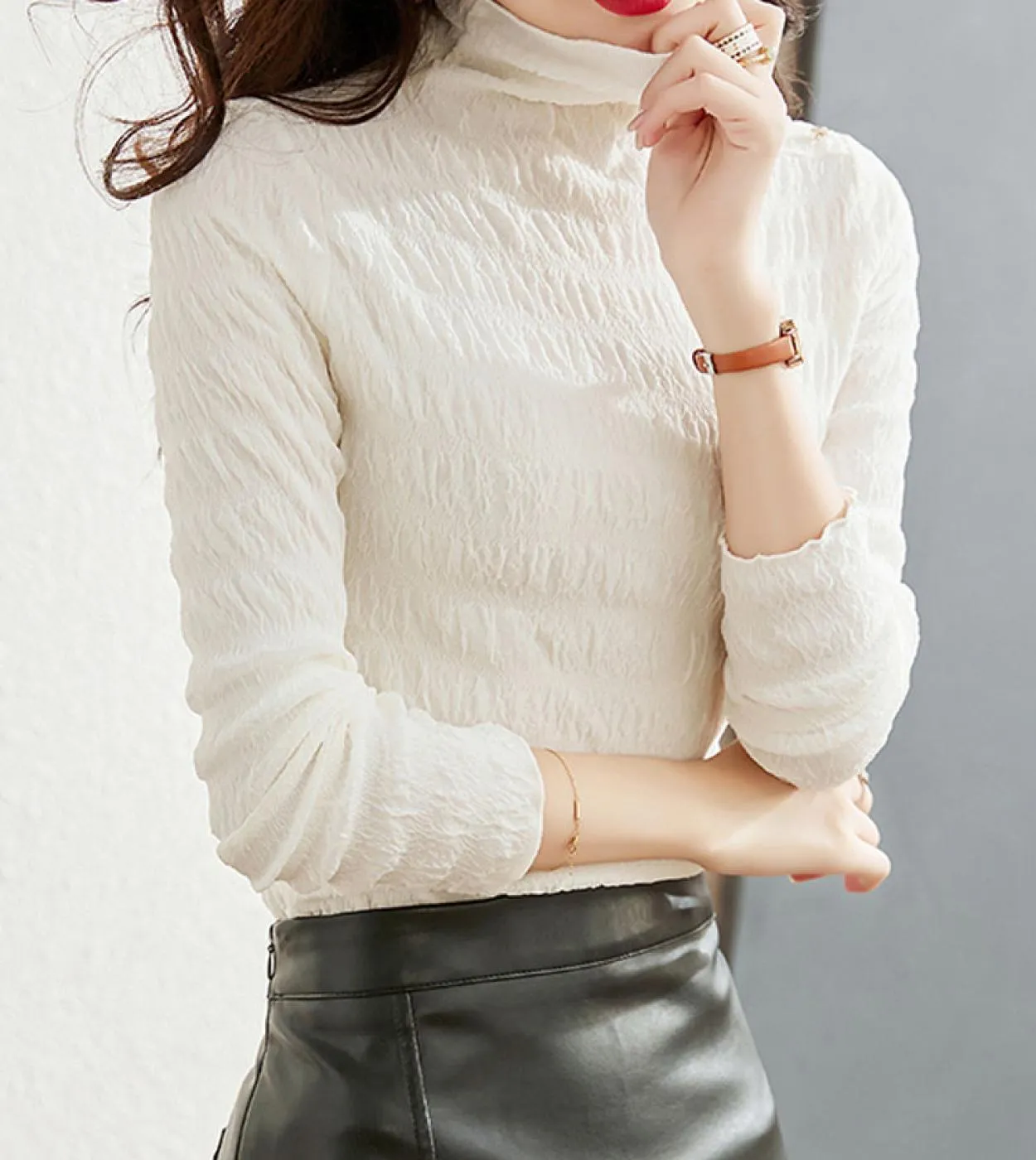 Dolcevita elegante Camicetta a pieghe bianca Donna Autunno manica lunga Maglia Top Mujer Stretch Lady Camicie casual Abbigliamen