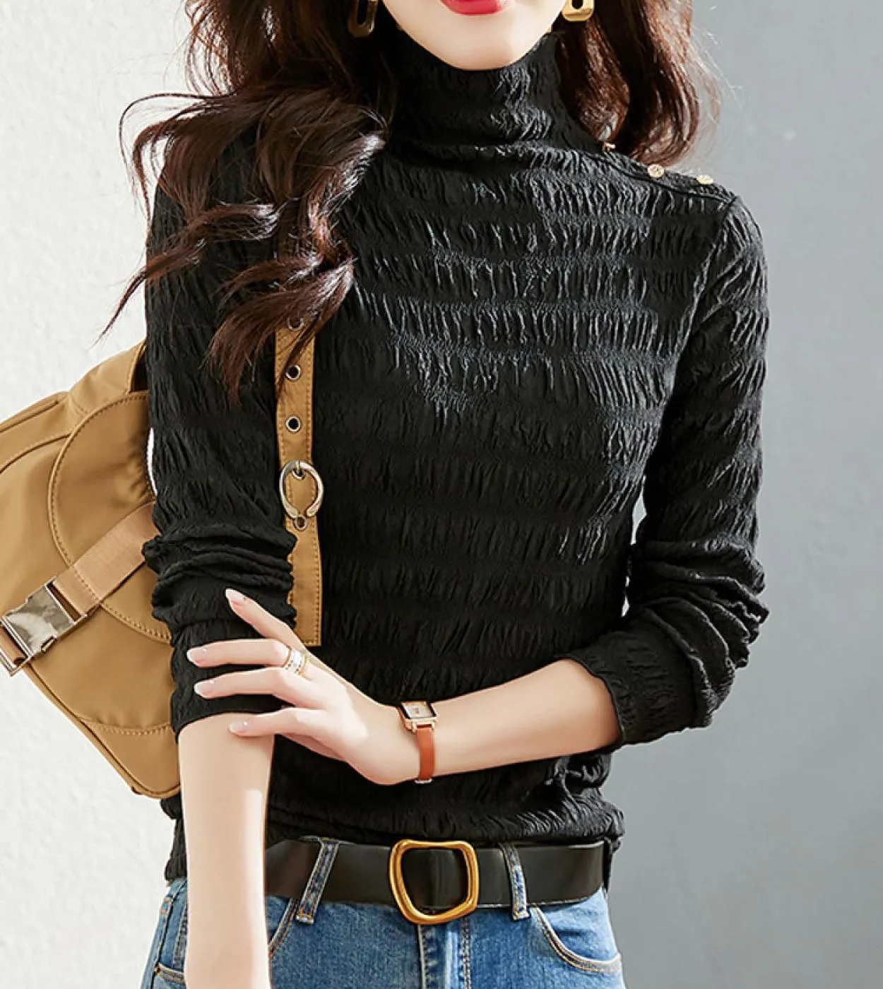 Dolcevita elegante Camicetta a pieghe bianca Donna Autunno manica lunga Maglia Top Mujer Stretch Lady Camicie casual Abbigliamen
