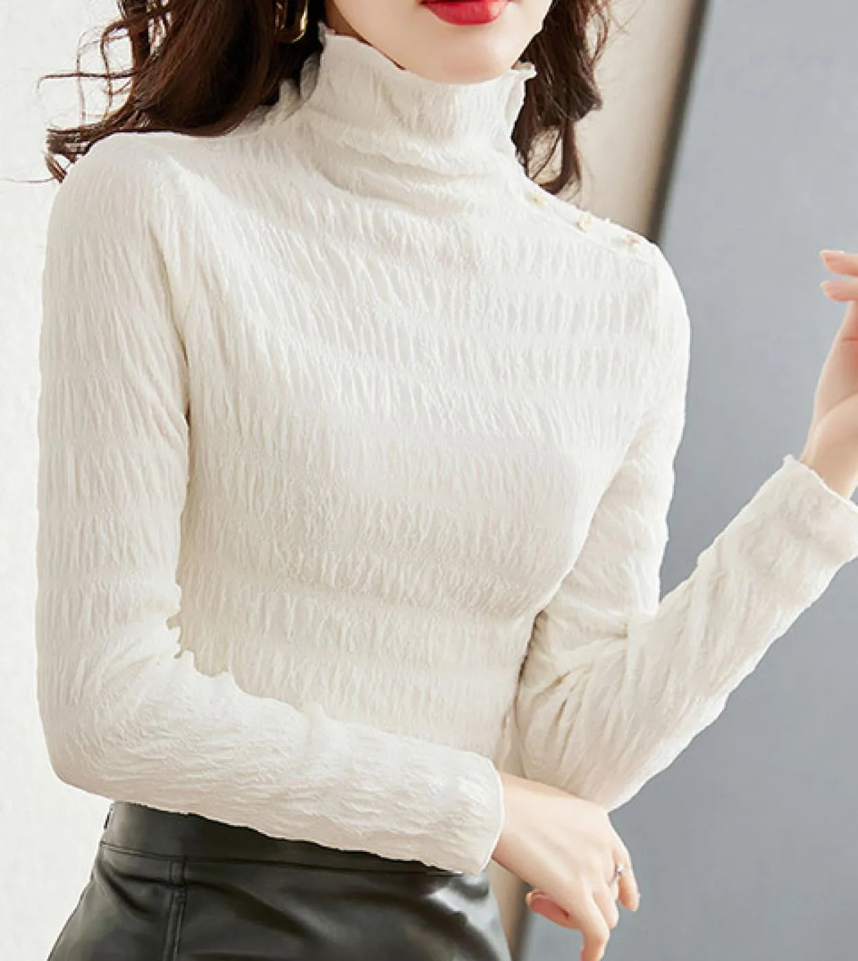 Dolcevita elegante Camicetta a pieghe bianca Donna Autunno manica lunga Maglia Top Mujer Stretch Lady Camicie casual Abbigliamen