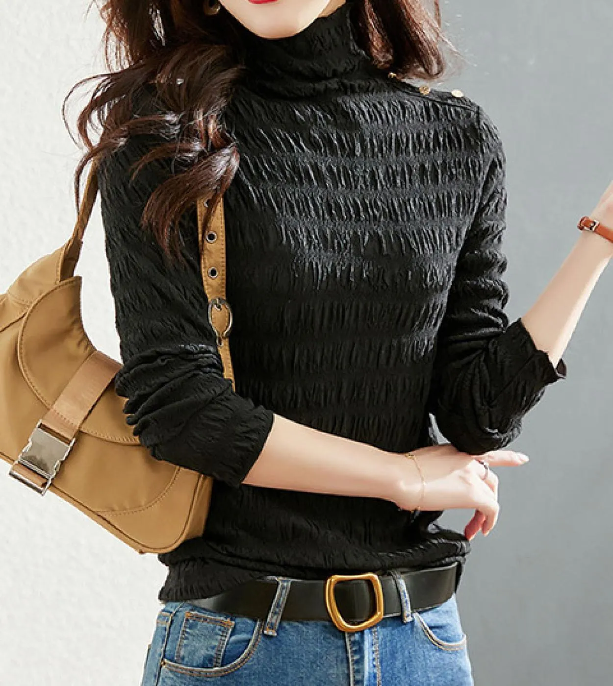 Dolcevita elegante Camicetta a pieghe bianca Donna Autunno manica lunga Maglia Top Mujer Stretch Lady Camicie casual Abbigliamen