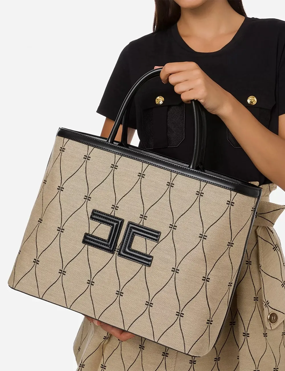 Elisabetta Franchi     Borsa shopper motivo losanga daino-nero