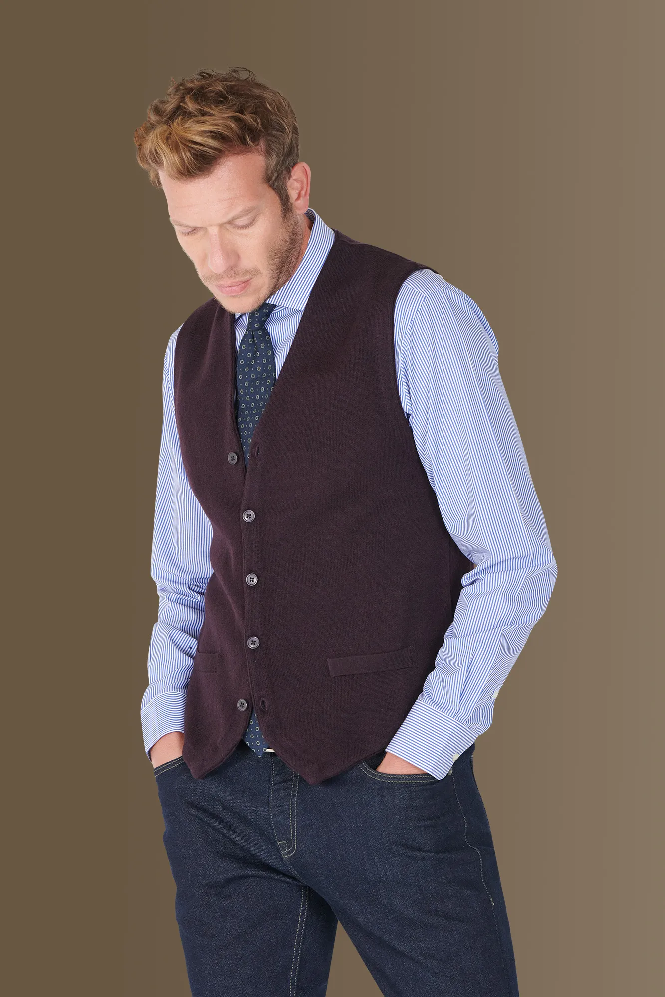 Gilet monopetto in maglia misto lana e cotone