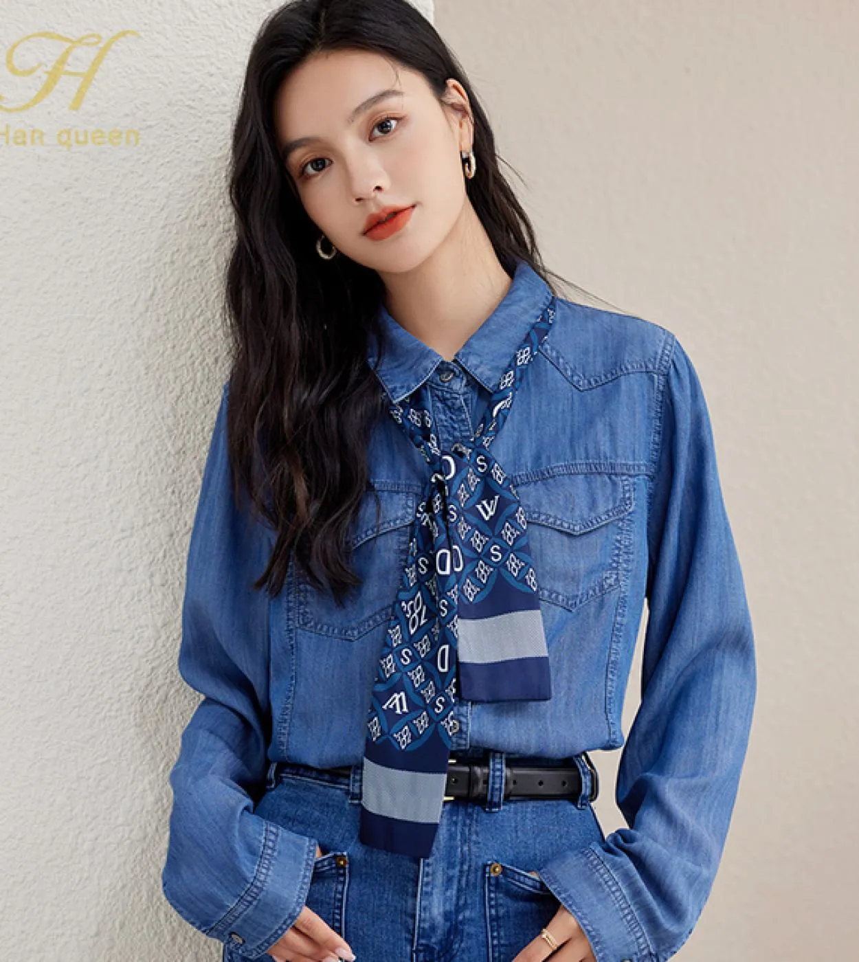 H Han Queen Camicette eleganti a maniche lunghe autunnali da donna Camicie di jeans vintage casual stile nuovo Camicie da lavoro