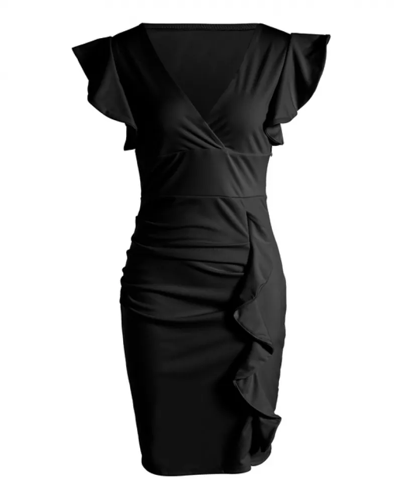 Hirigin Scollo a V Slim Office Lady Dress Ruffle manica corta aderente al ginocchio
