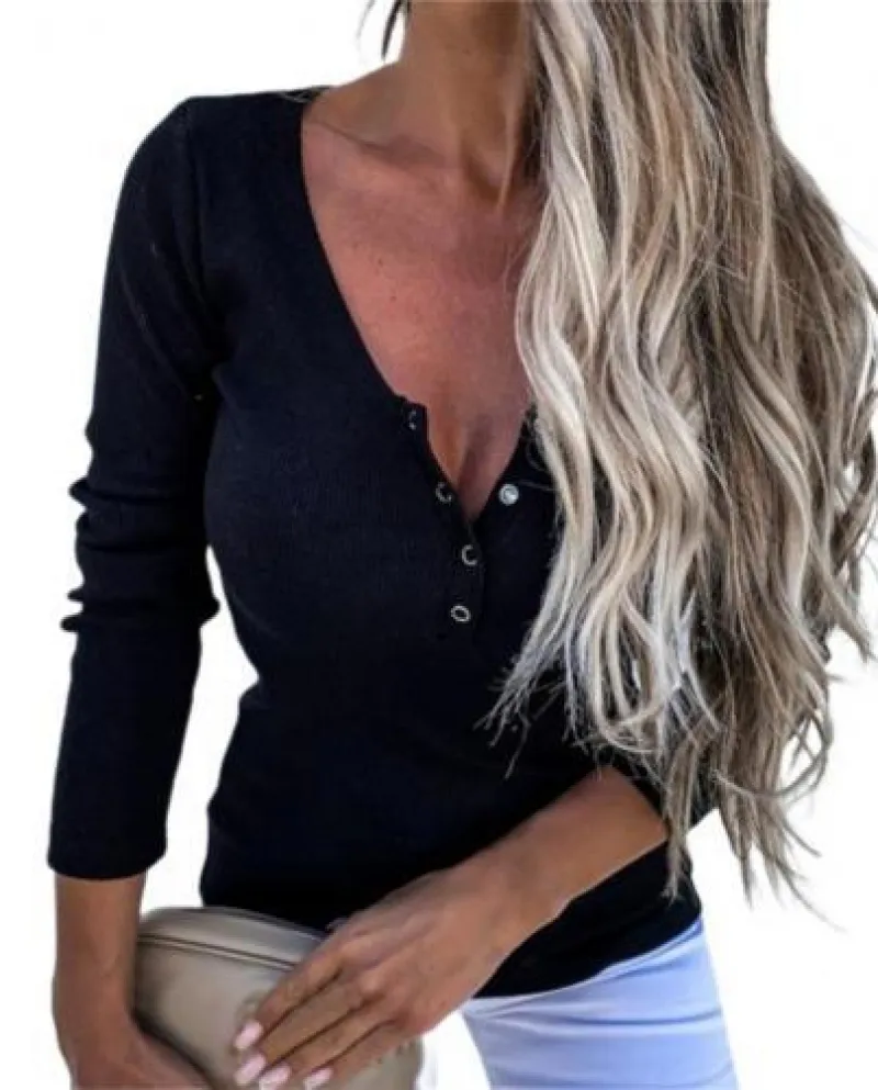Moda Donna Camicette Tinta unita Slim scollo a V Lady Camicie Cotton Blen