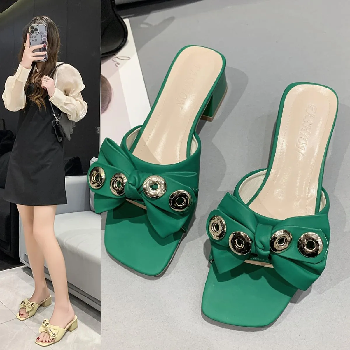 Nuove pantofole estive Tacchi bassi Presentazioni aziende produttrici giochi Peep Toe Sandali con fiocco tacco quadrato Donna Bi
