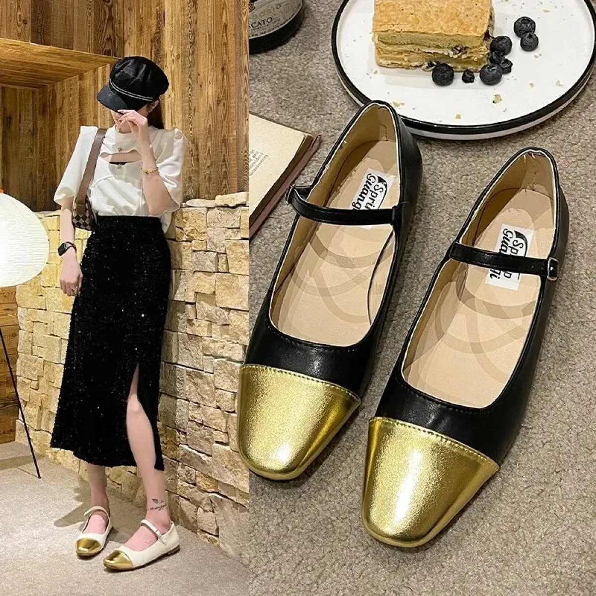 Scarpe basse da donna estive con fibbia quadrata comode ballerine morbide scarpe basse da balletto con punta quadrata Jane scarp