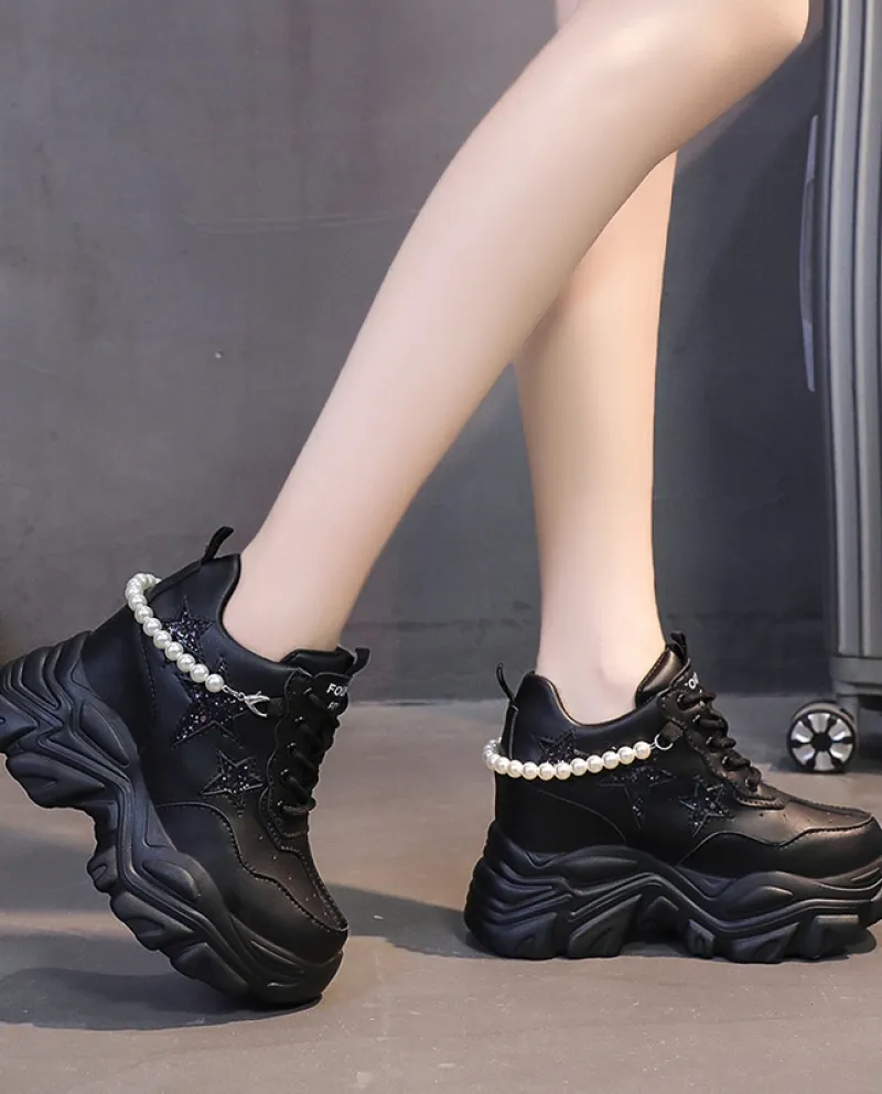 Scarpe Casual Stile Sportivo Donna Tacco a Zeppa Suola Spessa Scarpe Casual Personalizzate Decorative con Perline Semplici