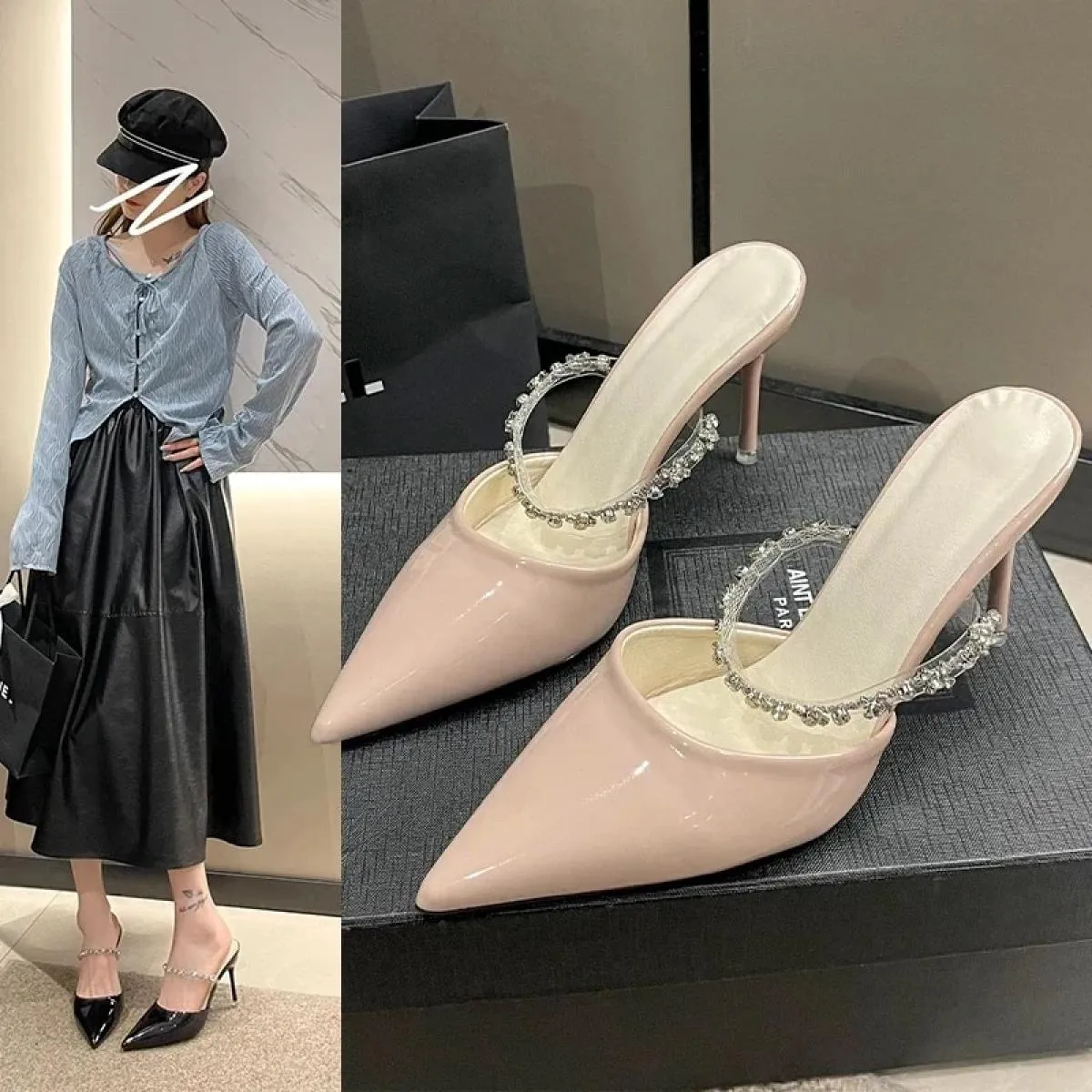 Scarpe da donna di design Scarpe estive con strass di lusso Scarpe da donna con punta a punta Pantofole con tacco alto da donna