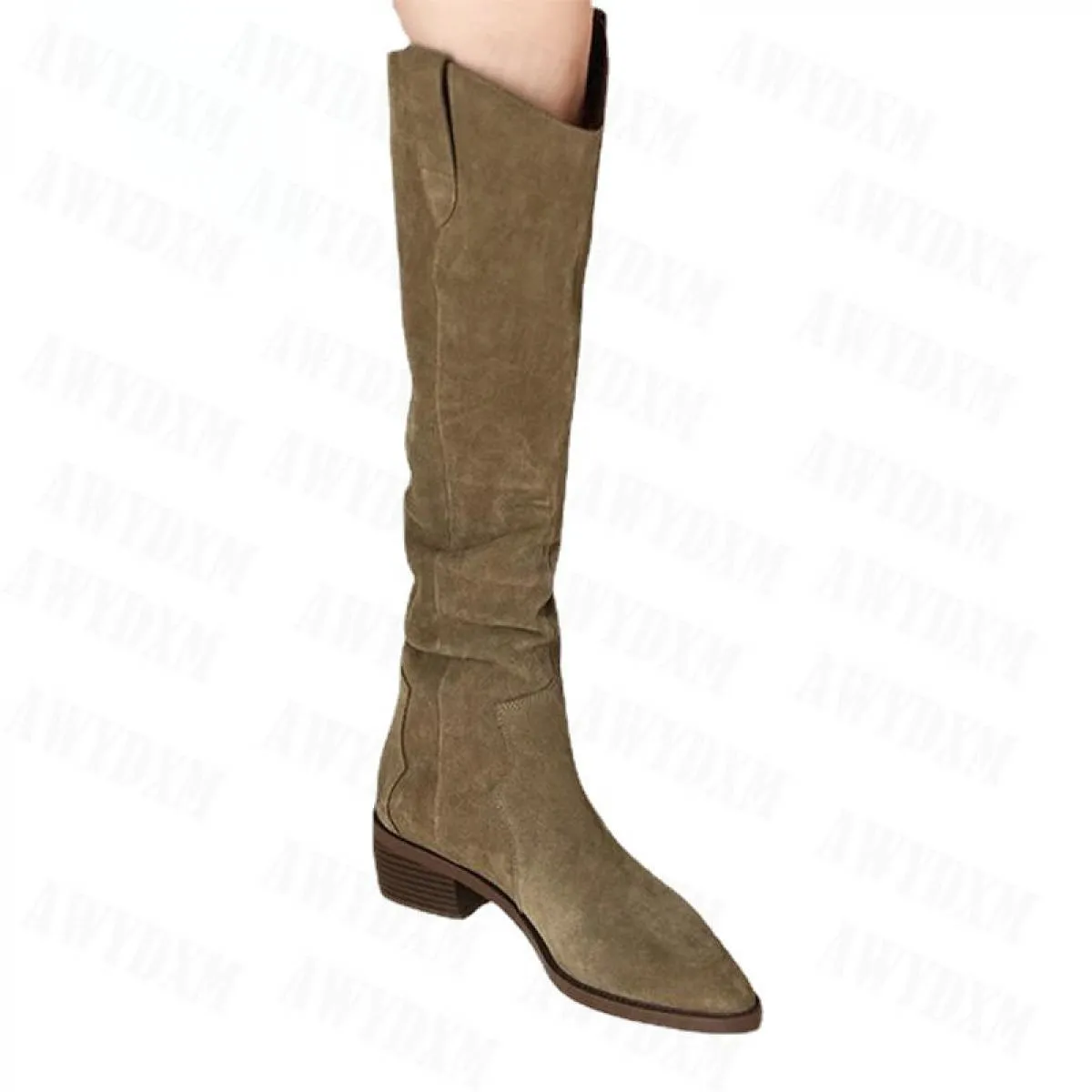 Scarpe invernali da donna 2022 Stivali lunghi a punta da donna di lusso Scarpe con tacco medio in pelle scamosciata Stivali da d