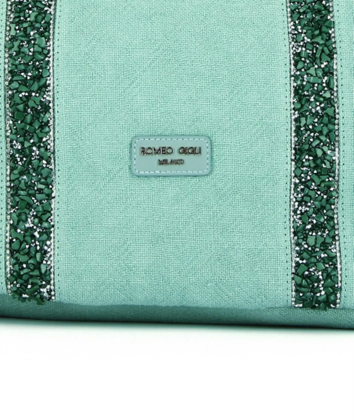 Shopper verde acqua in tessuto con manici decorati
