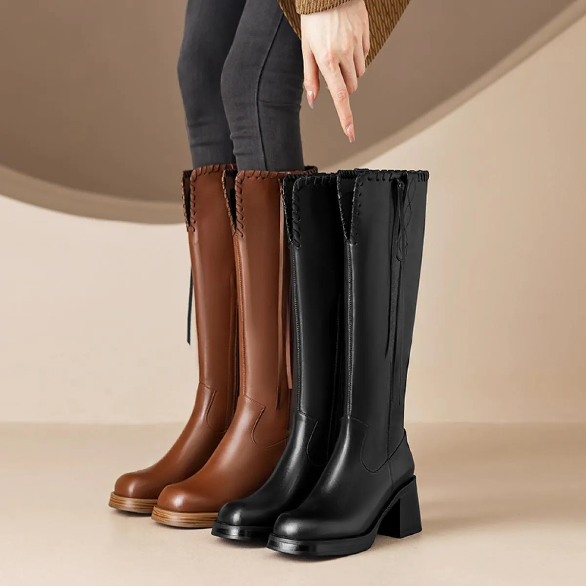 Stivali alti al ginocchio da donna di marca Tacchi alti spessi retrò Punta quadrata Scarpe da donna da ufficio in vera pelle Don