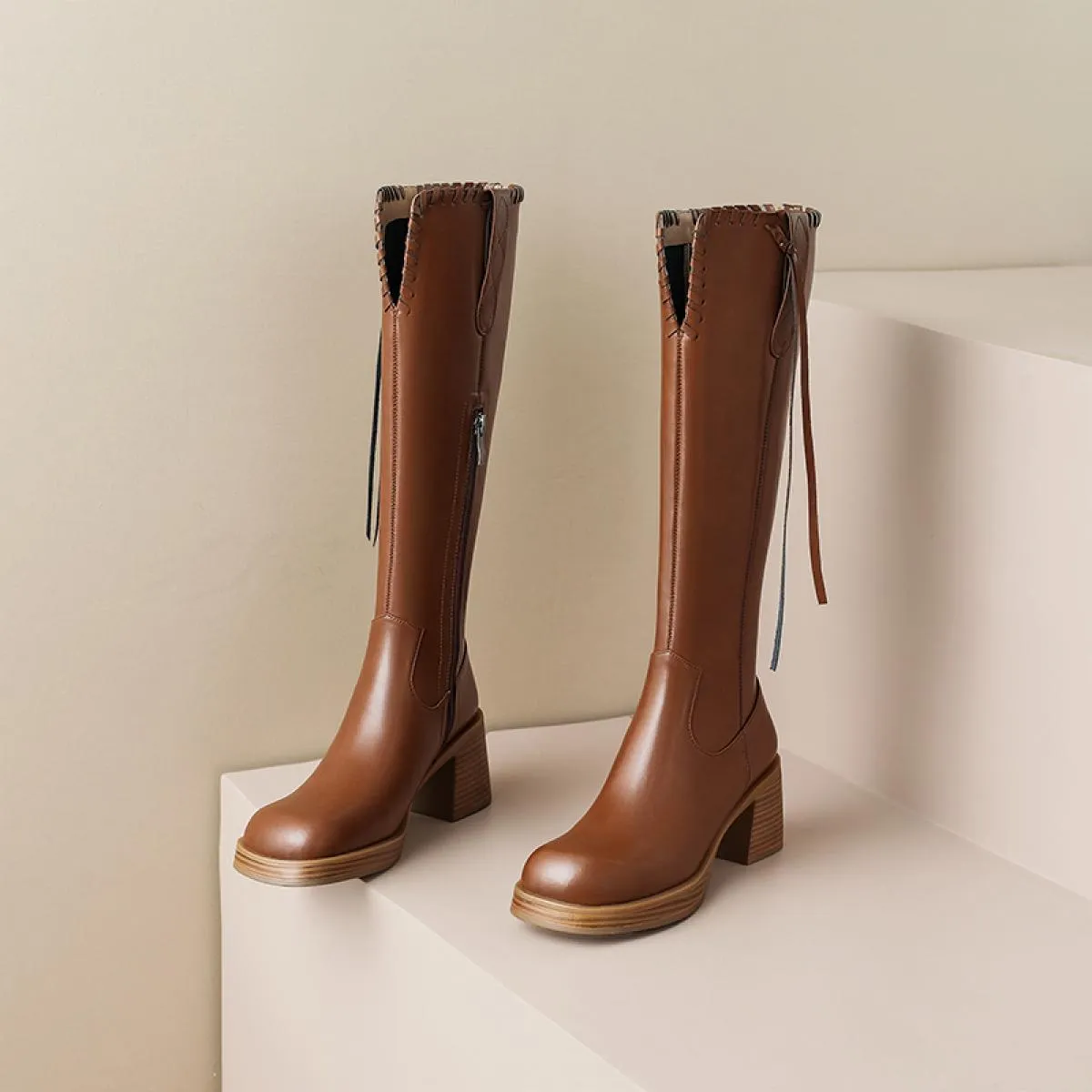 Stivali alti al ginocchio da donna di marca Tacchi alti spessi retrò Punta quadrata Scarpe da donna da ufficio in vera pelle Don
