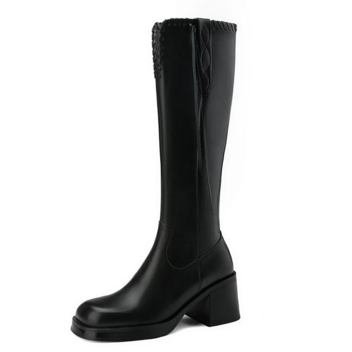 Stivali alti al ginocchio da donna di marca Tacchi alti spessi retrò Punta quadrata Scarpe da donna da ufficio in vera pelle Don