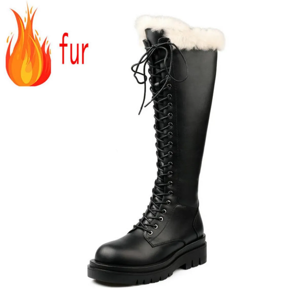 Stivali alti al ginocchio da donna in peluche spesso caldo stivali invernali per il tempo libero con punta tonda scarpe con plat
