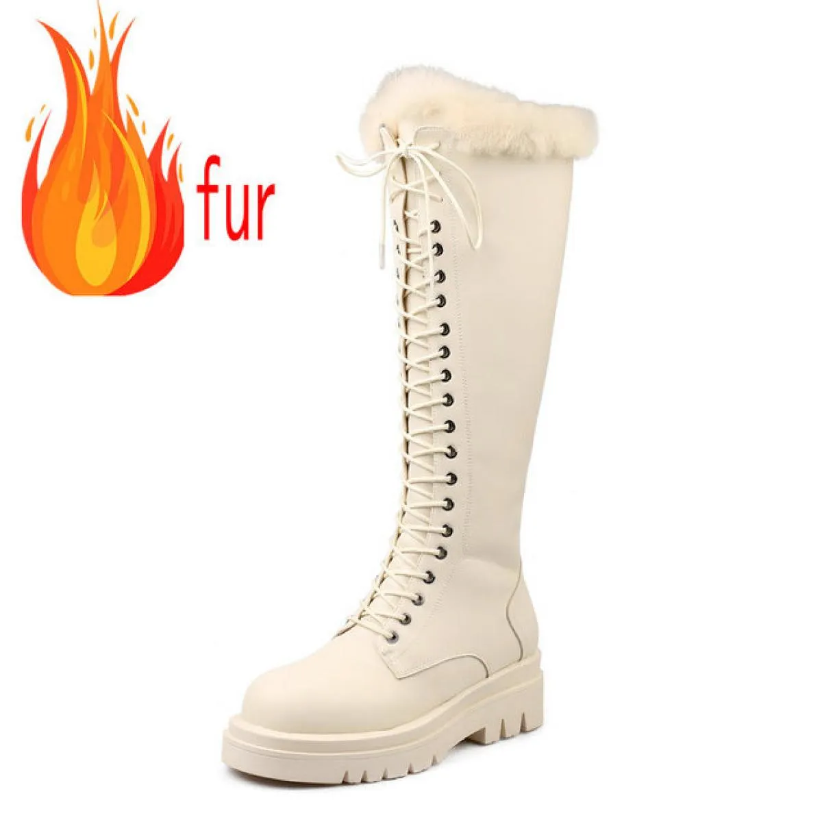 Stivali alti al ginocchio da donna in peluche spesso caldo stivali invernali per il tempo libero con punta tonda scarpe con plat
