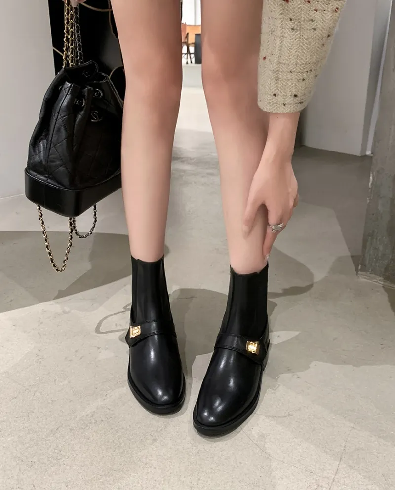 Stivali Martin in pelle Donna Autunno Nuovi stivali a tubo corto con tacco spesso e testa tonda in oro