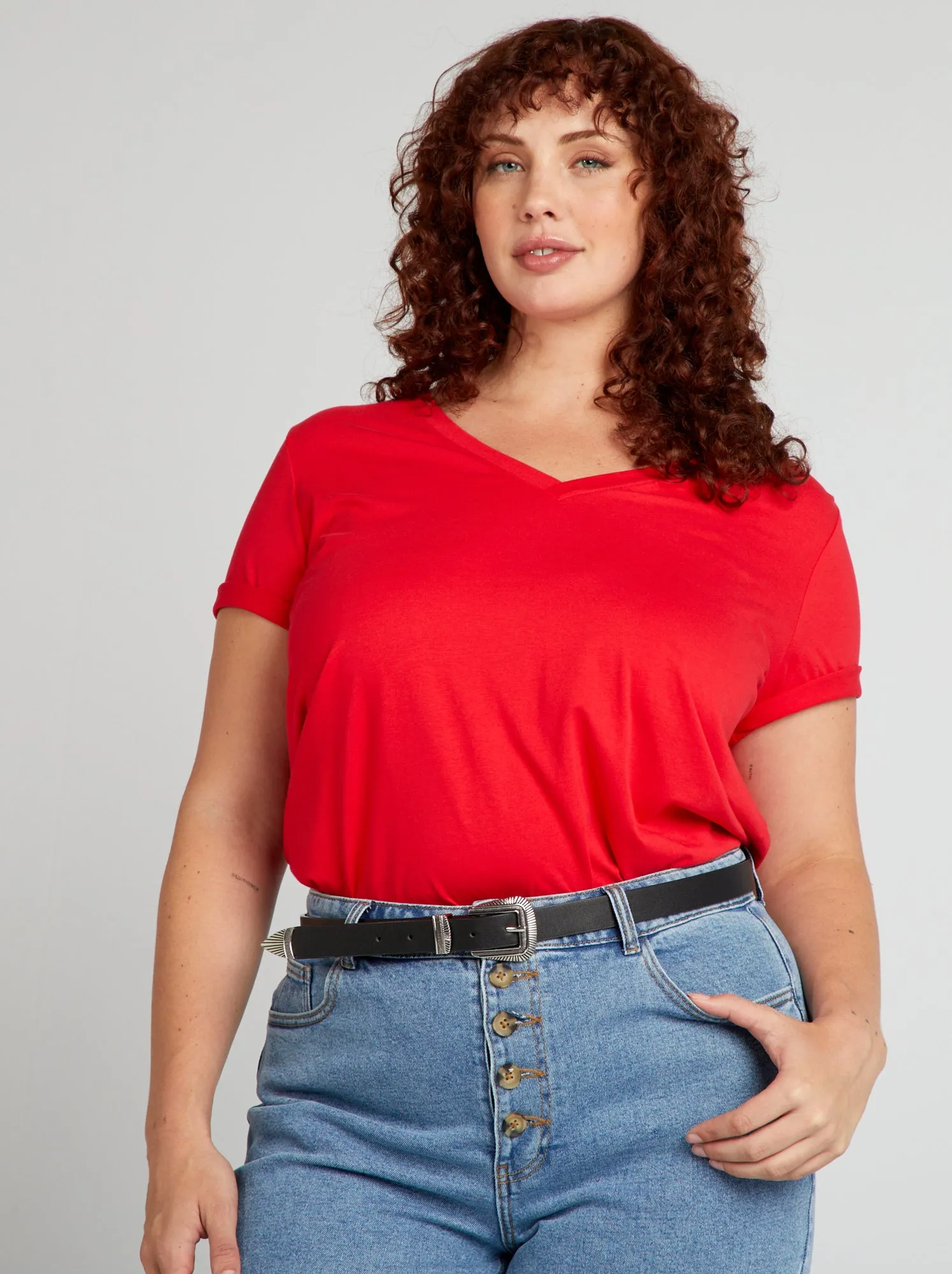 T-shirt in jersey con scollo a V - rosso