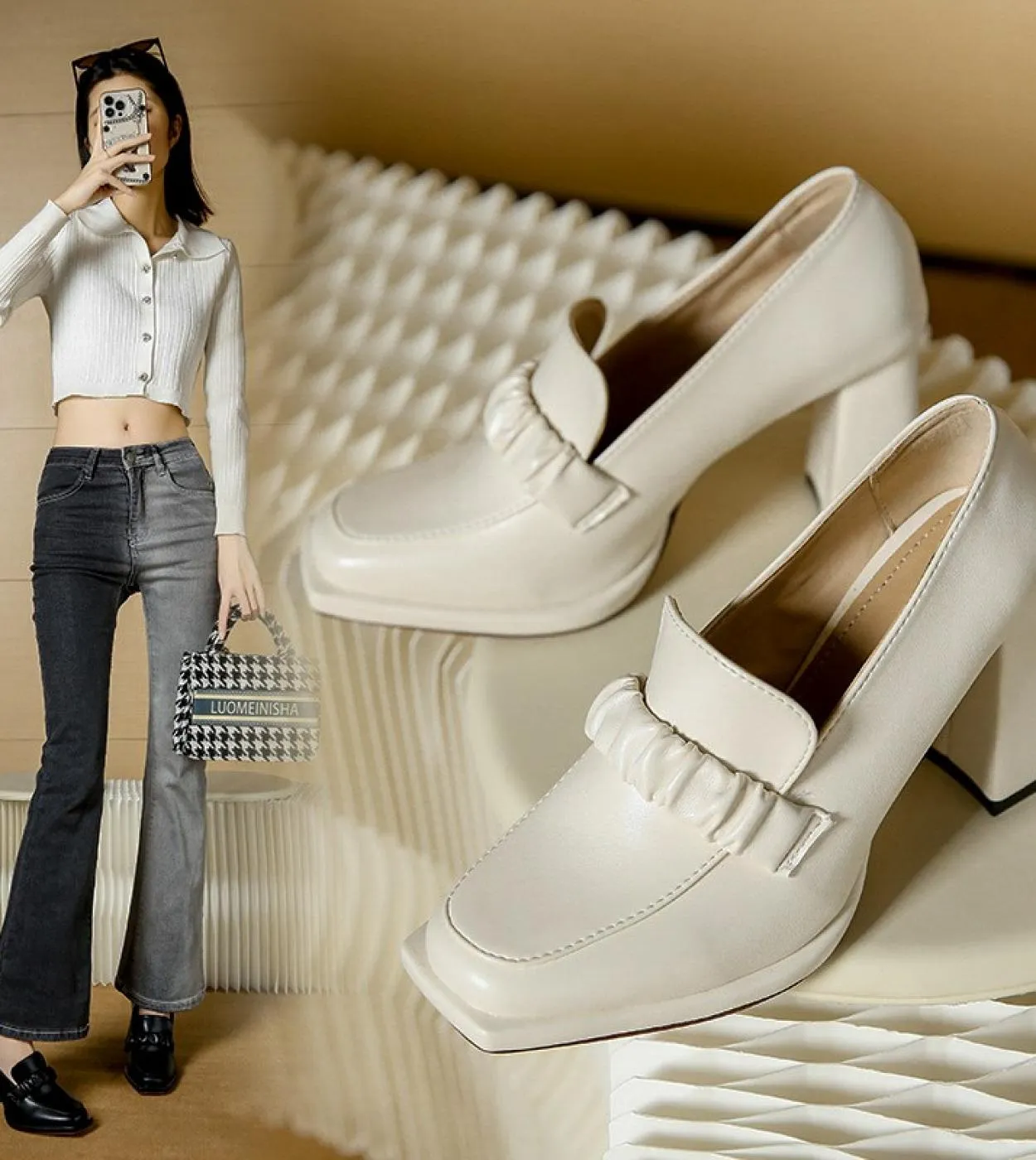 Tacchi Donna 2023 Tacchi alti da donna Nuove scarpe Punta quadrata Tacchi spessi Tacchi bassi Moda Scarpe da donna