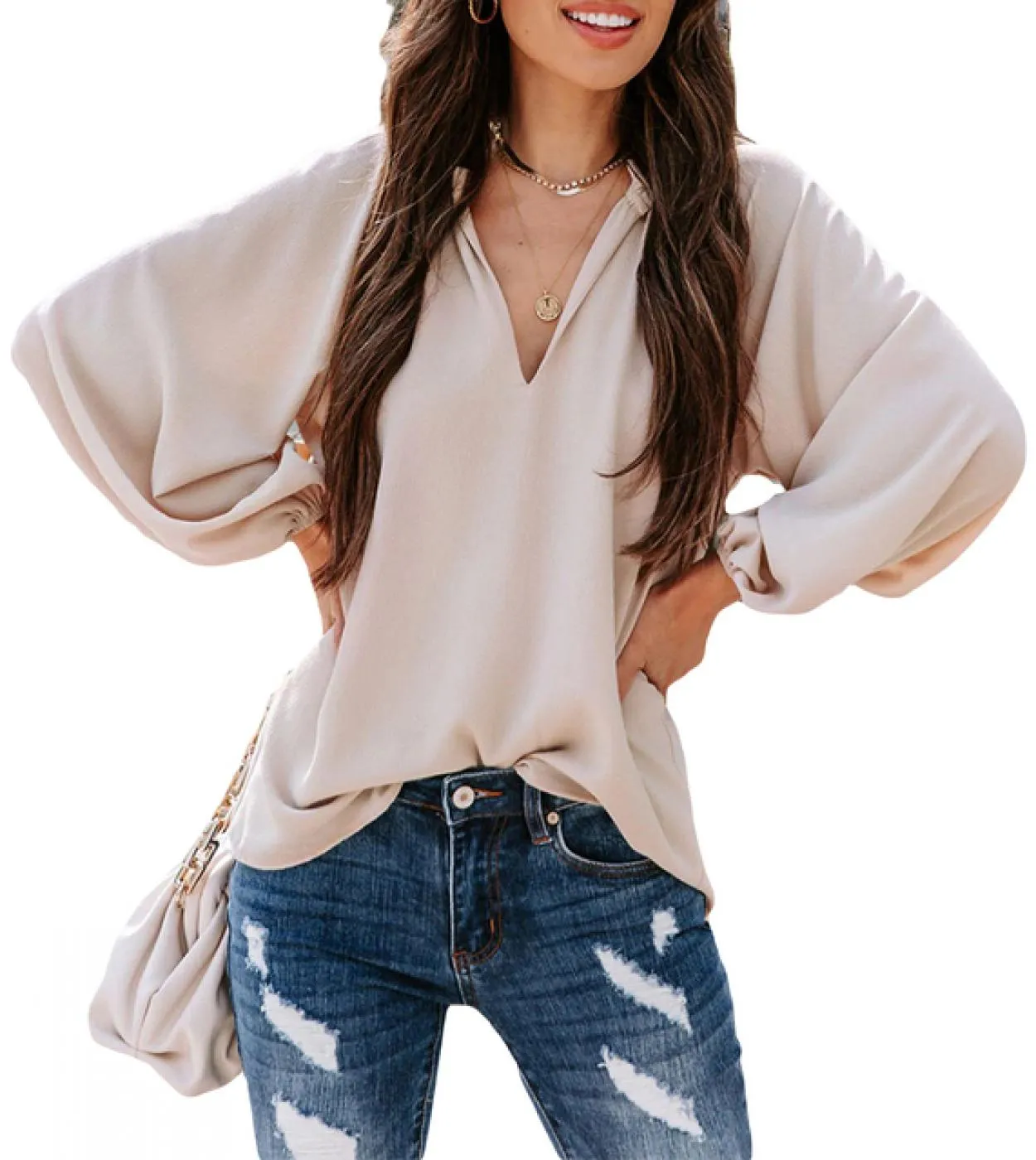 Tetyseysh Camicetta da donna a maniche lunghe con scollo a V Camicie larghe eleganti tinta unita Camicie larghe casual estive pe