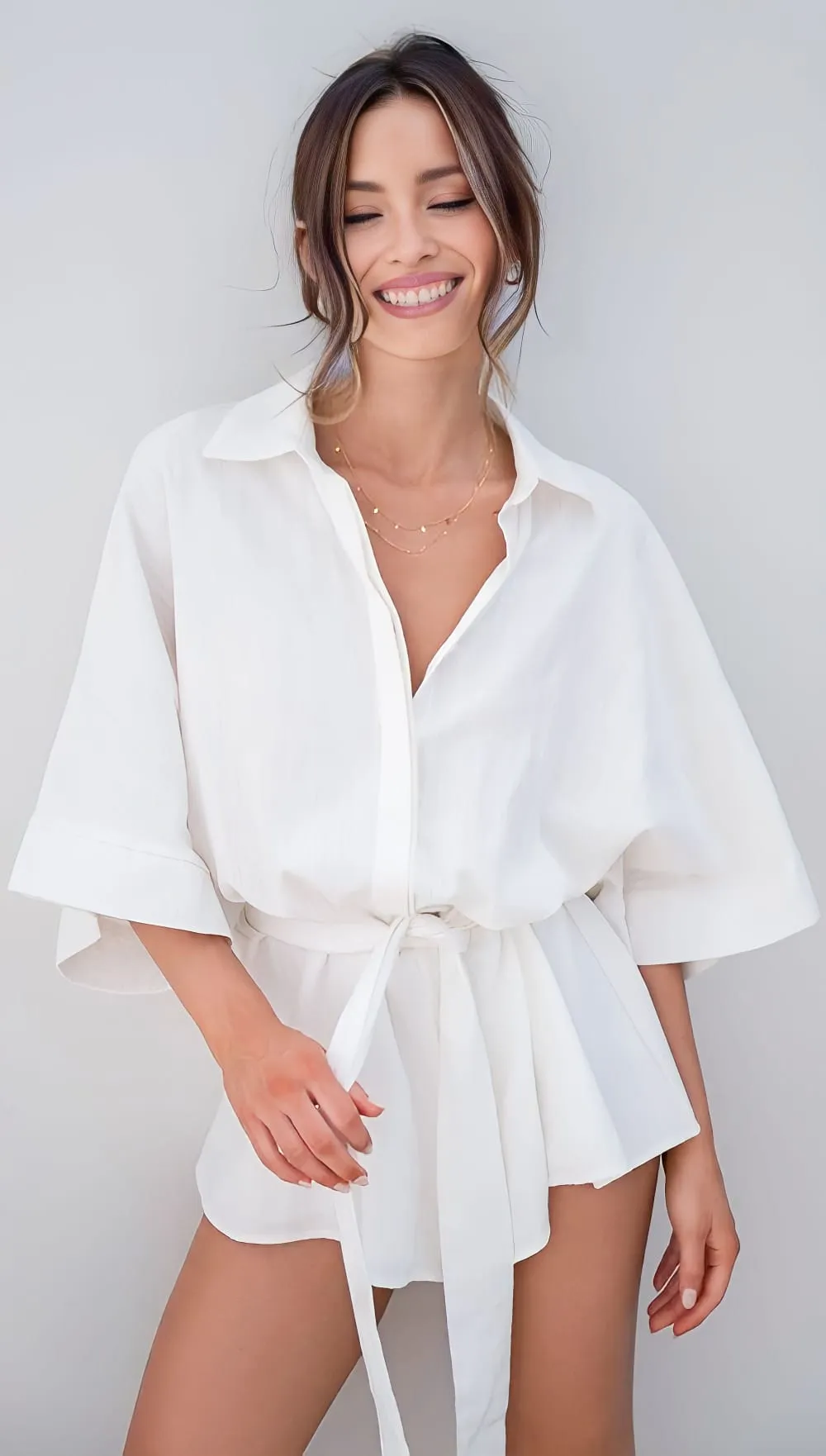 Tutina Donna Colletto Bottoni Scollo V Manica Tre Quarti Cintura Casual Elegante