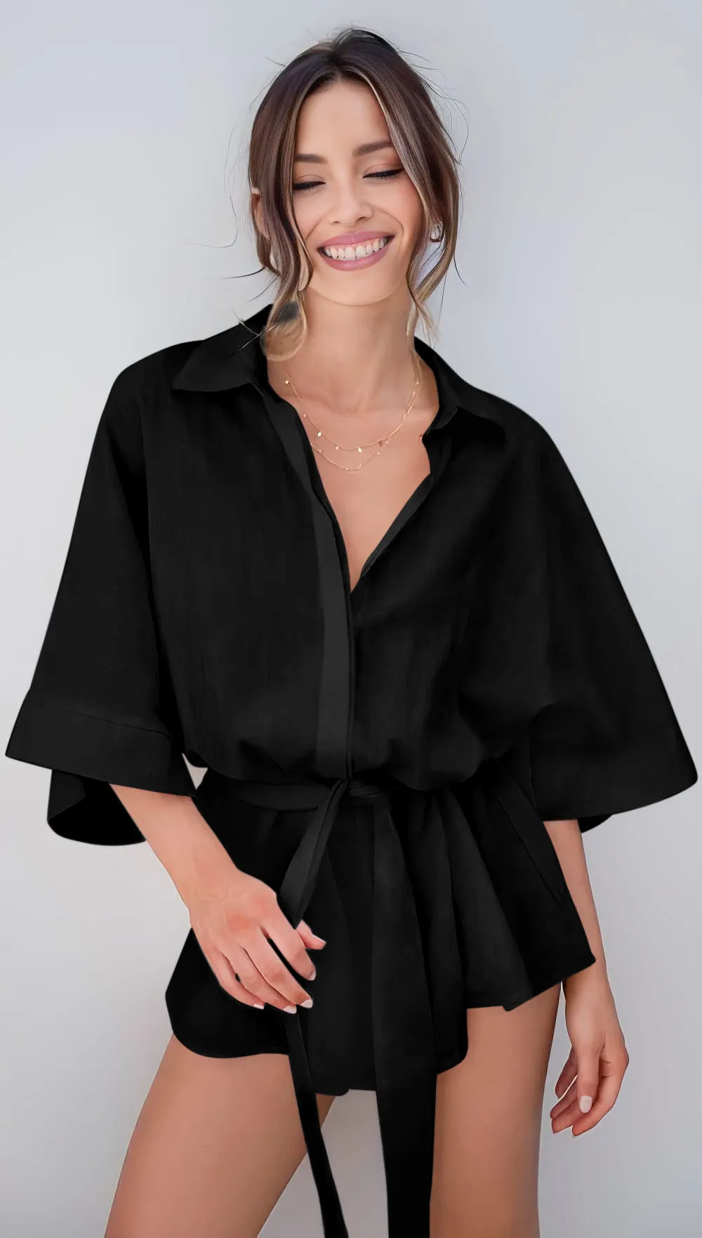 Tutina Donna Colletto Bottoni Scollo V Manica Tre Quarti Cintura Casual Elegante