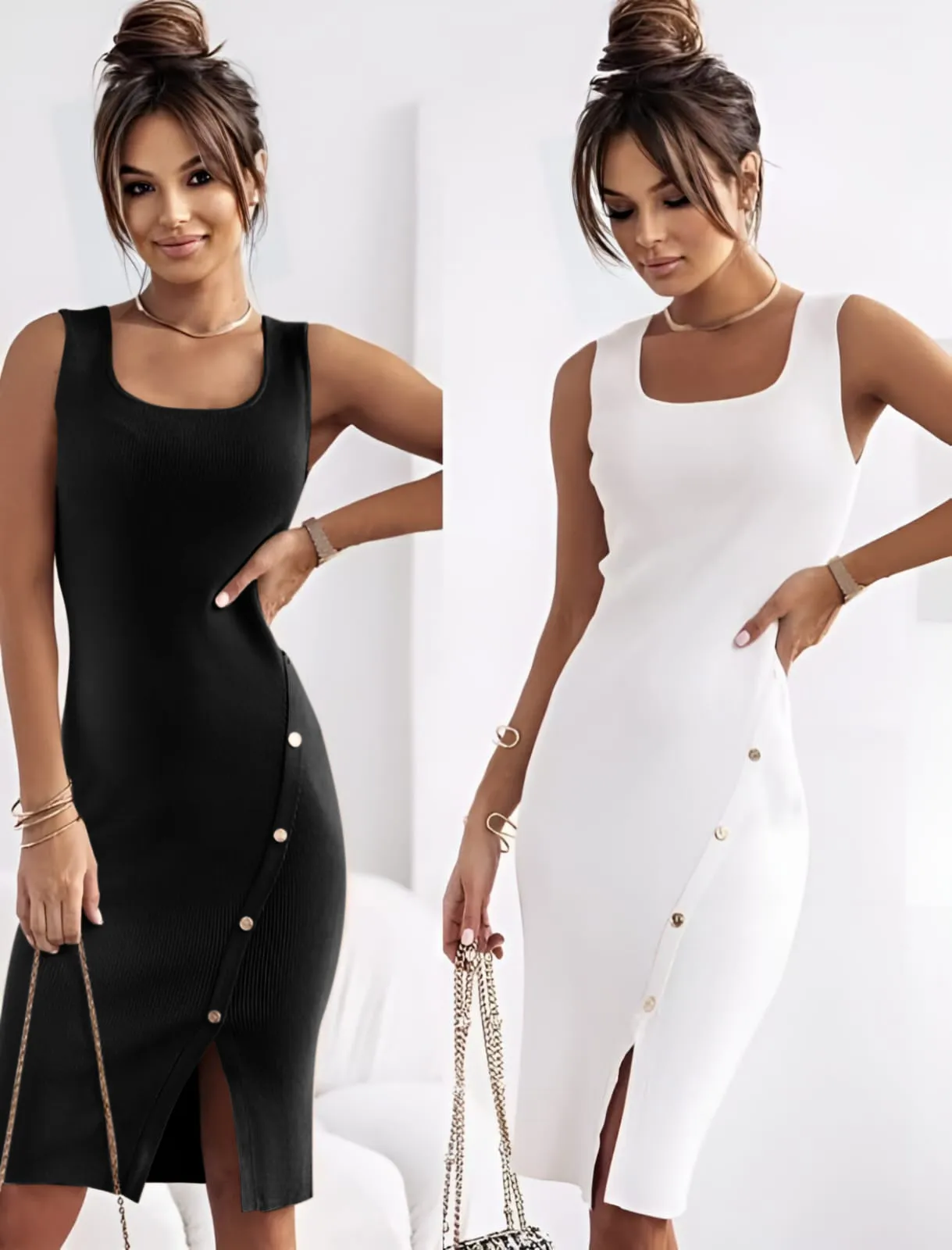 Vestito Donna Tubino Scollo Quadrato Bretelle Monocolore Spacco Bottoni Aderente